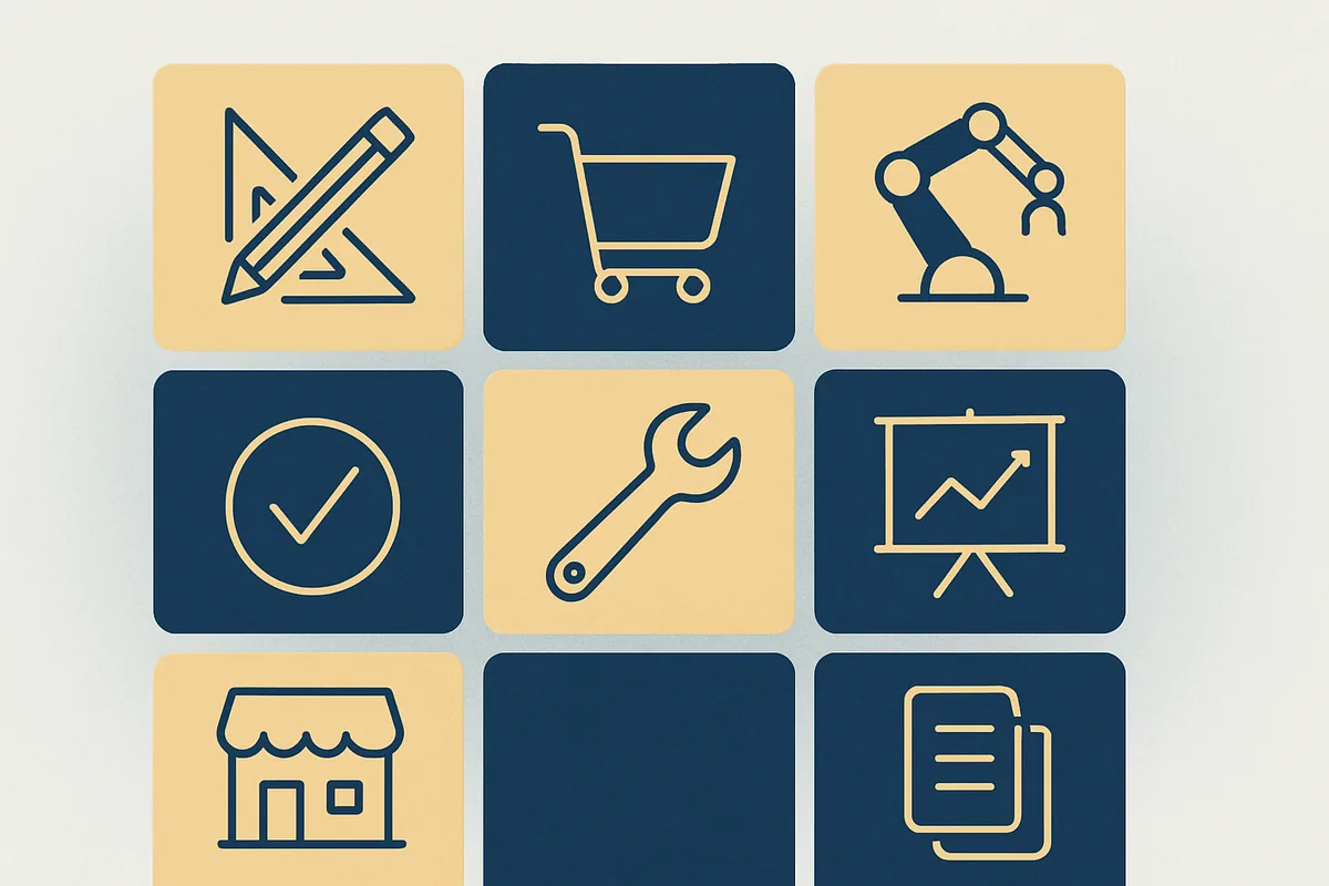 設計・調達・生産技術・品質・保全・営業見積・バックオフィスの7つの業務機能を並べた抽象的な機能マップのイメージ