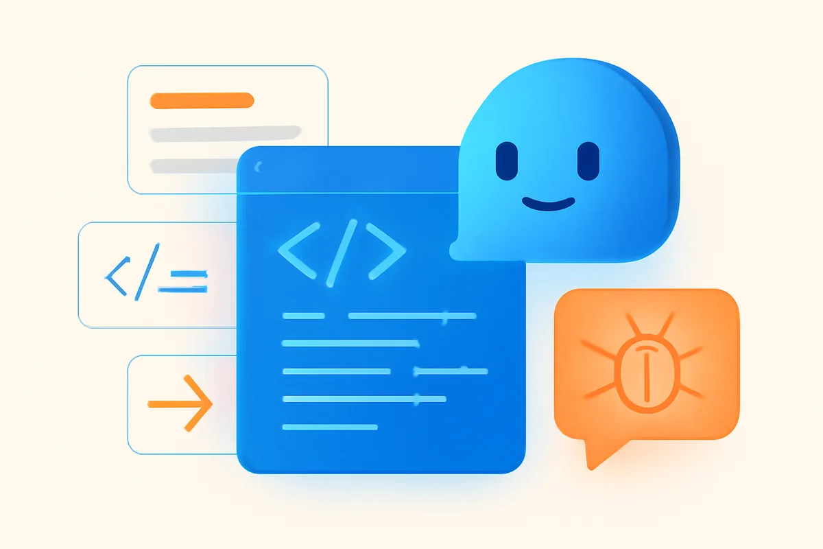 AIコーディング支援が定型コードや調べ物を肩代わりする様子の抽象イラスト