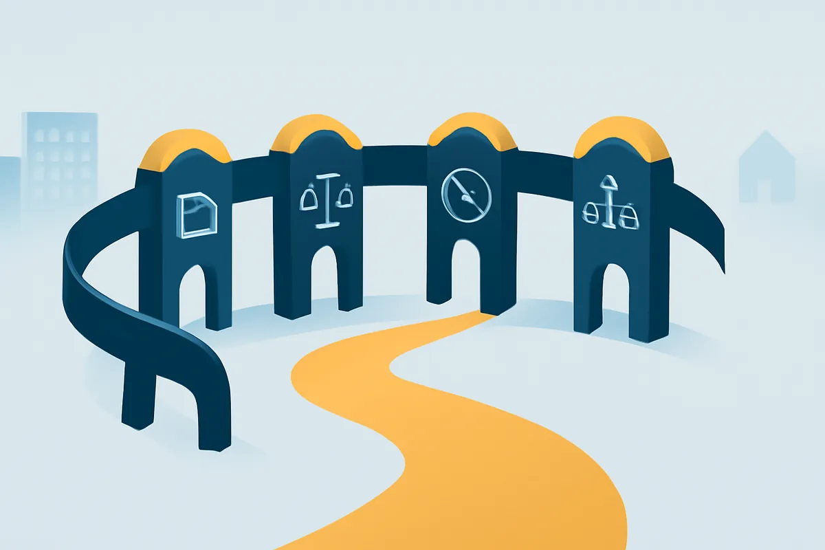情報管理・法令遵守・利用ルール・推進体制の4論点で安全に使える道筋を示すガバナンスの抽象イラスト